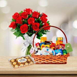 Cesta Café da Manhã Completo com Buquê de Flores e Bombons